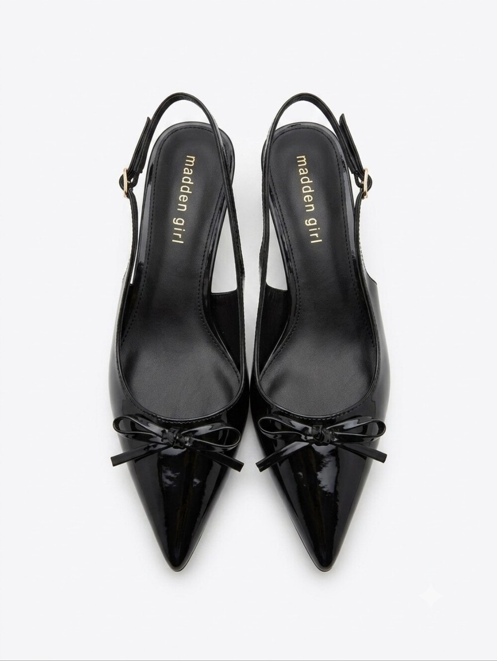 Madden Girl Black Patent Pointed Slingback Flats with Bow Accent